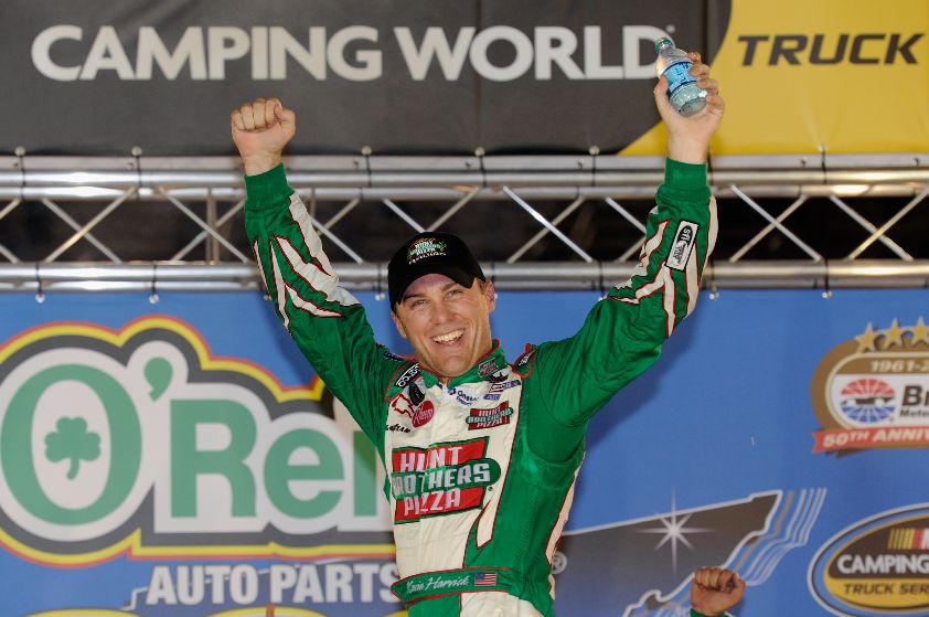 Kevin Harvick celebrates winning the NASCAR Camping World Truck Series O'Reilly 200 on Wednesday at Bristol Motor Speedway. Credit: John Harrelson/Getty Images for NASCAR